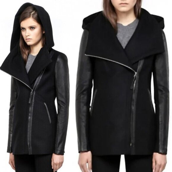 Mackage Odilia black wool and leather moto jacket w/ removable hood - Picture 1 of 11